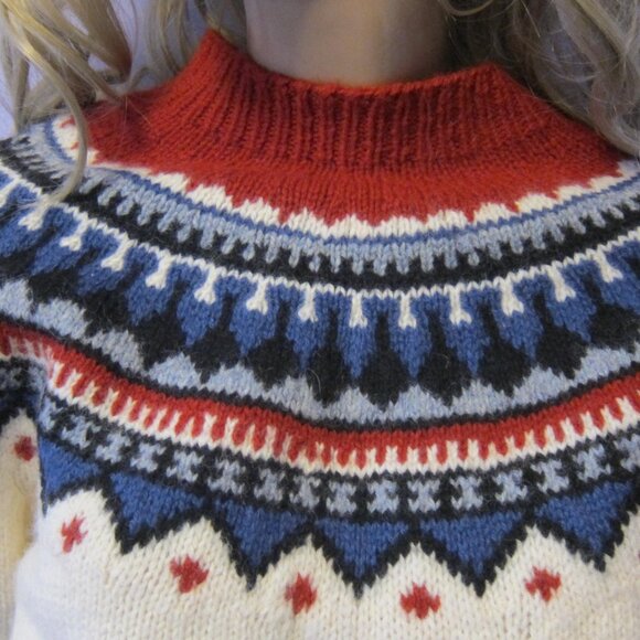 EDDIE BAUER Vintage 100% Wool Ivory Red Blue Knit Fair Isle Retro Sweater - Picture 6 of 10